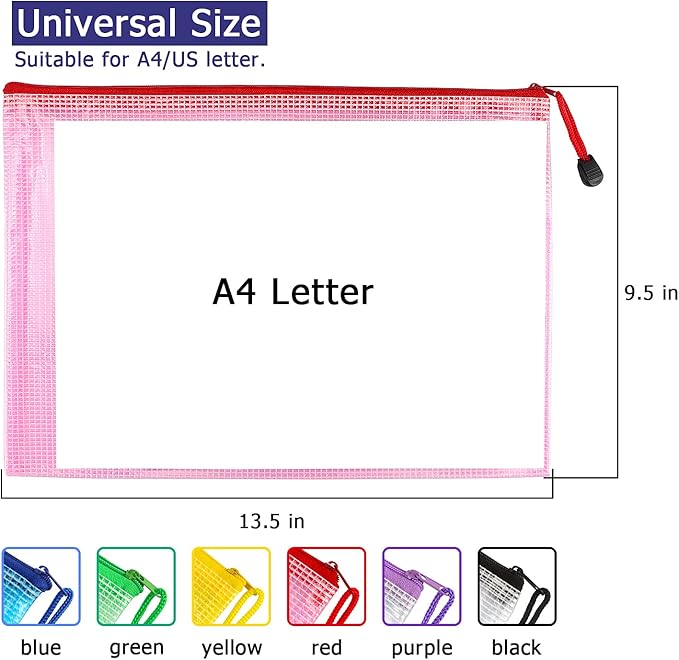 6 Pack Mesh Zipper Pouch Bags, Waterproof Zipper Pouch Zip File Folders for Organization School Office Supplies Travel Storage Bags (Colorful)