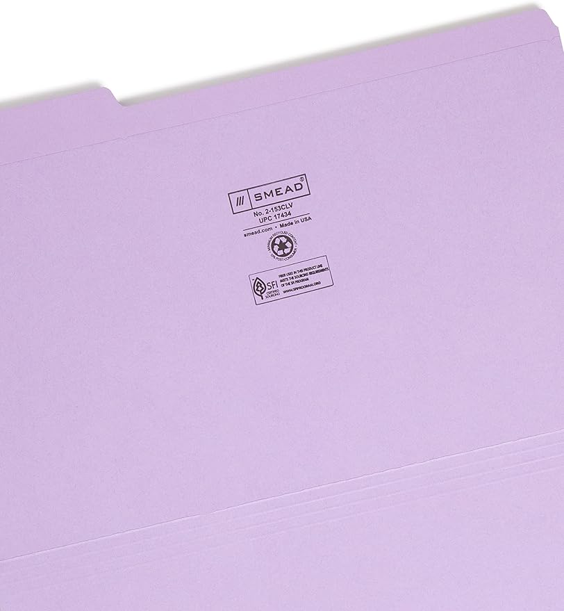 Smead File Folder, Reinforced 1/3-Cut Tab, Legal Size, Lavender, 100 per Box (17434)
