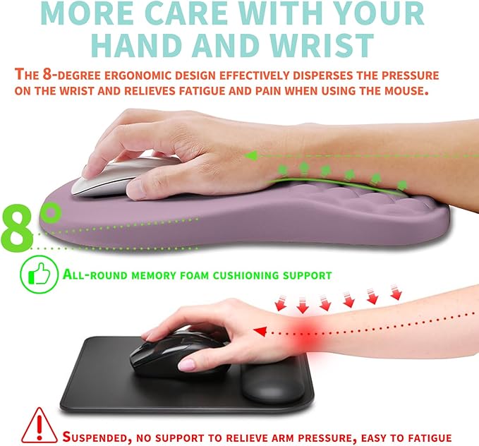 Ergonomic Mouse Pad Wrist Support with Memory Foam Massage Bulge, Carpal Tunnel Pain Relief Mousepad Wrist Rest for Mouse(12x8 inch, Purple)