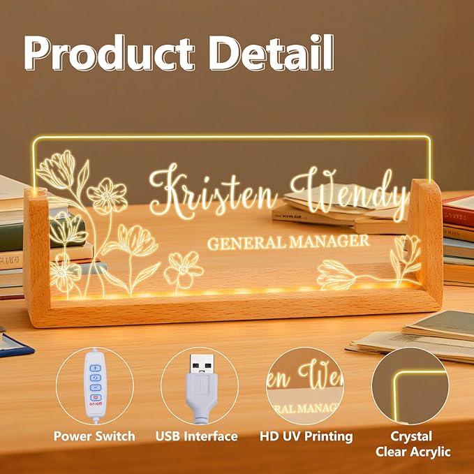 Ships Next Day, Custom Name Plate for Desk - Business Light Up Acrylic Desk Name Plate Personalized Elegant Office Gift for Boss Coworker Teacher Employee Appreciation Gift, Office Decor for Women Men