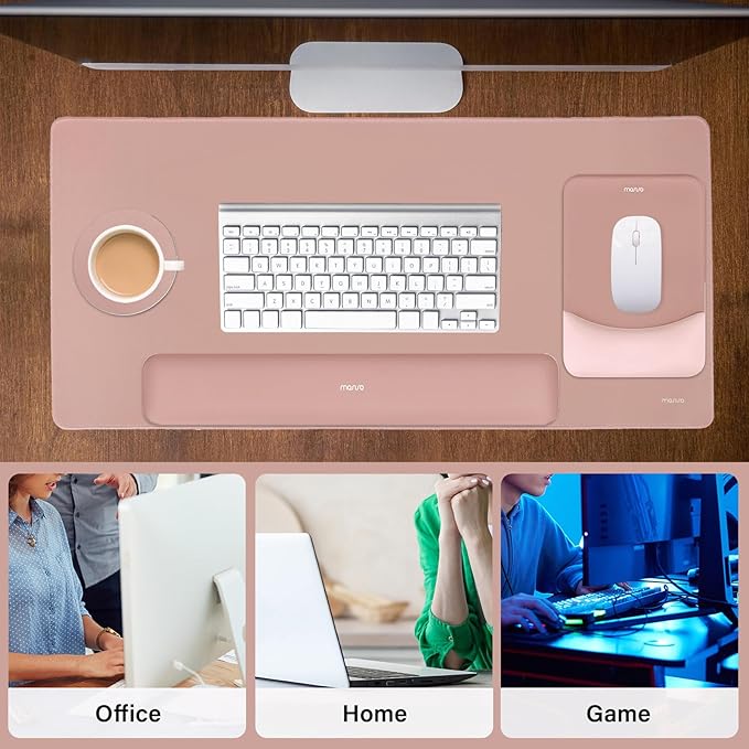 MOSISO Keyboard Mouse Pad Set, Large Gaming Mouse Pad&Rectangular Keyboard Wrist Rest&Mousepad with Wrist Rest&Coaster, Ergonomic Non-Slip&Easy Typing Pad with Curved Silicone Lining, Salmon Pink