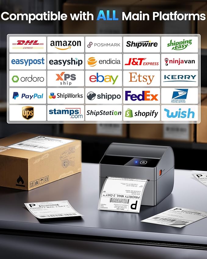 ASprink Bluetooth Shipping Label Printer 4x6, 2025 Upgraded Thermal Label Printer with Built-in Paper Bin, Thermal Printers for Small Business & Shipping Packages, Compatible with Amazon, Tiktok, USPS