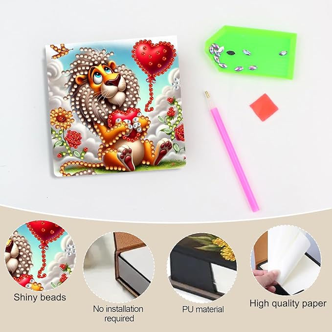 Lion Diamond Painting Note Box Memo Pad Holder,Animal Diamond Art Sticky Notes Organizer for Desk, Aesthetic Stationery Storage Case for Office,School Supplies (Lion)