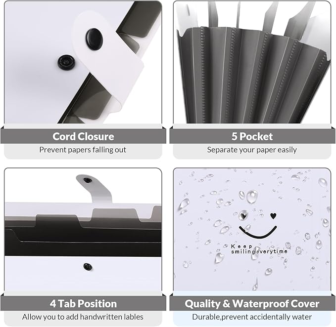 SKYDUE 5 Pocket Expanding File Folder, Letter Size Portable Accordion Folders for Documents for School Office, White