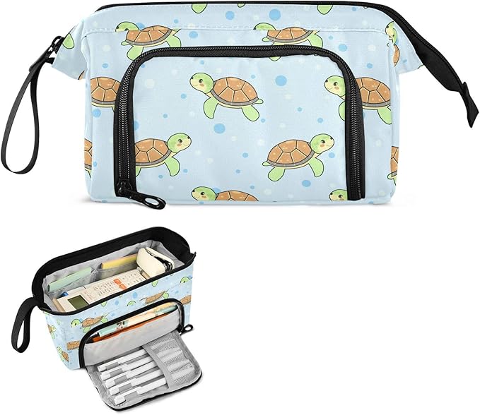 Cartoon Turtles Blue Pencil Case Pouch Big Capacity Pencil Bag Box Organizer Pen Case with Compartmens Stationery Organizer for Teen Girls Boy College Women School