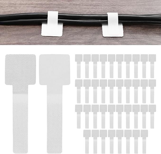 40-Pack Hook and Loop Cable Ties, 3.5 x 1.1 Inch Enhanced Self-Adhesive Cord Organizer for Desk/Home/Wall/Office Essentials, Cable Management Under Desk [White]