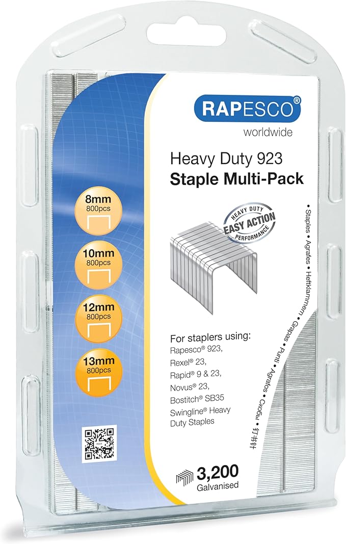 Rapesco 1461 ECO Heavy-Duty Stapler with 3200 Assorted Staples, Type 923 Heavy-Duty Staples (8/10/12/13mm), 100 Sheet Capacity, for Office, Business Proposals, School, Research Papers, White