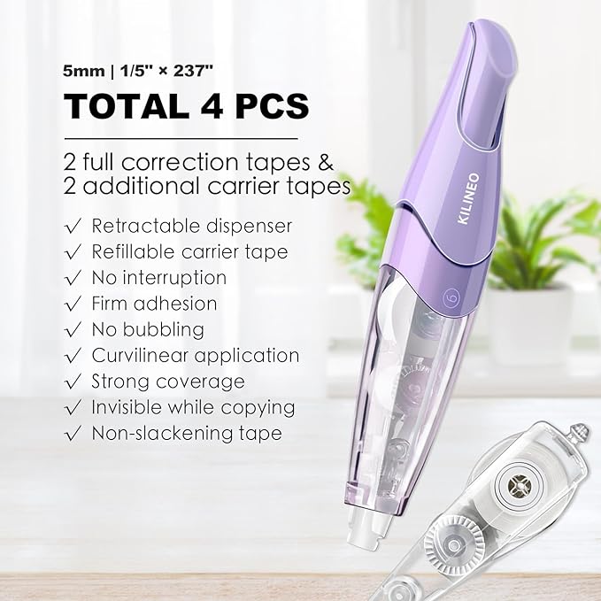 KILINEO Refillable Retractable White Correction Tape, Pen Shaped White Smooth Pull Out Japanese Aesthetic Cute Correction Tape for Office Supplies, 4 PCS (ZH-87)