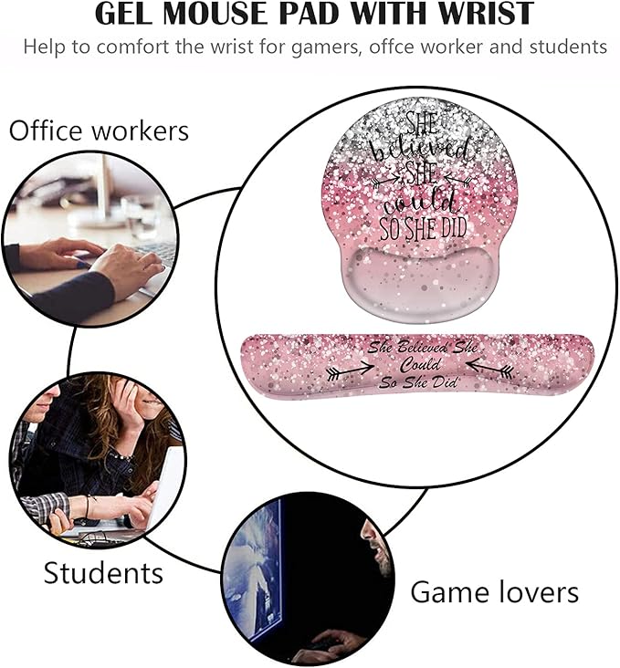 Keyboard Wrist Rest and Mouse Pad Wrist Support Set with Coasters, She Believed She Could So She Did Inspirational Quote Wrist Mouse Pad with Non-Slip PU Base for Computer Laptop Home Office