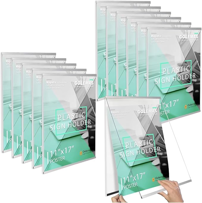 Acrylic Magnetic Sign Holder, Easy-Opening 11 x 17 Wall Mount Display Frames, Self Adhesive Back Plastic Clear Document Frame, Silver Aluminium Strips Frame (11 x 17, 12Pack)