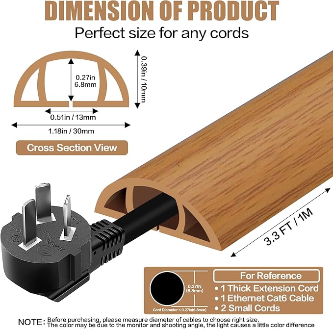 Floor Cord Cover Self Adhesive Cord Hider,3.3FT Cable Management, Extension Strip Protector for Wires, Prevent Cable Trips for Offices, Gyms, Exhibitions Cavity:0.39"(W) x 0.27"(H) Brown Wood