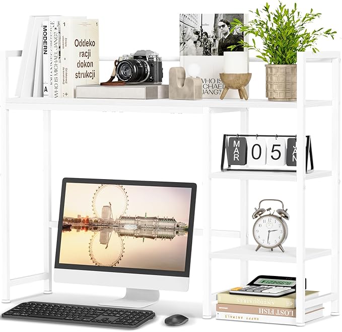 Snughome Desk Shelf, 38.6" Desktop Organizer Shelf, Desk Hutch for Computer Monitor, 4 Tier Desk Display Rack, Wood Desktop Bookshelf Storage Rack for Home Office Dorm, White