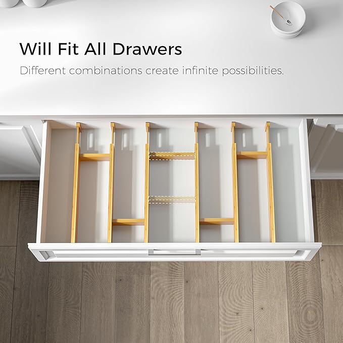 Adjustable Bamboo Drawer Dividers with Inserts, Expandable Spring-Loaded Drawer Organizer for Kitchen, Clothes, Tools, Silverware, Bamboo Organizer Separators - 6 Large Pieces