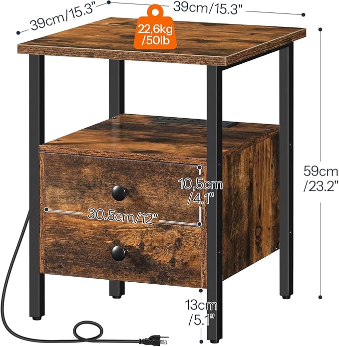 HOOBRO End Table Set of 2 with Charging Station, Bedside Table with 2 Drawer & USB Ports & Type-C Port, Nightstand for Small Spaces, Stable and Sturdy, for Living Room, Rustic Brown BF43UBZP201