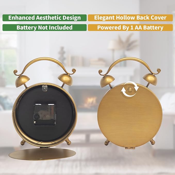 Antique Gold Table Clock for Living Room Decor, Rustic Farmhouse Desk and Shelf Clock, Silent Non-Ticking Mantel Clock for Bedroom, Living Room, Kitchen, Battery Operated