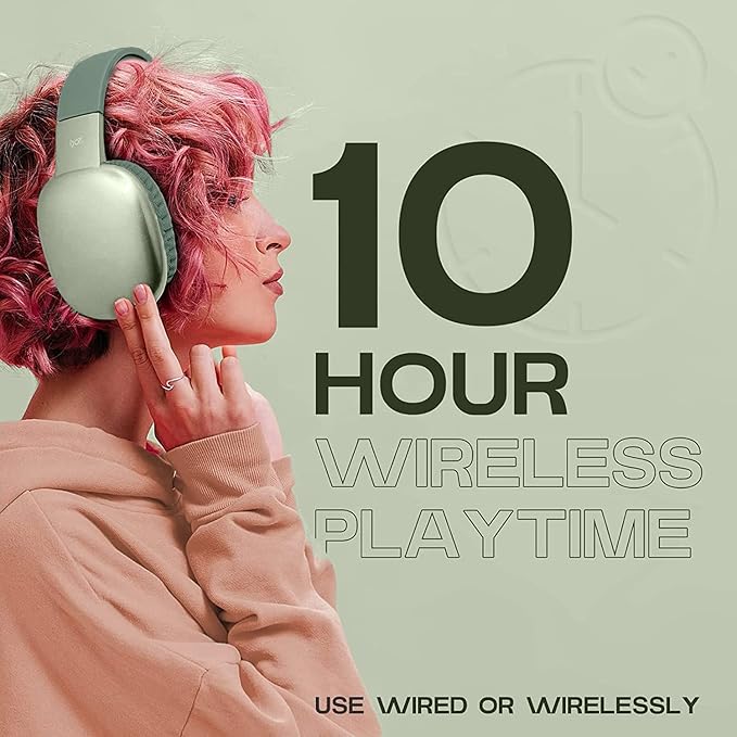 iJoy Ultra Wireless Over-Ear Bluetooth Headphones with Mic, Up to 10 Hours Playtime, Bluetooth Headset 33Ft Range with Backup AUX Cable & SD Slot, Wireless Headphones for Gaming, Work & Gym (Green)