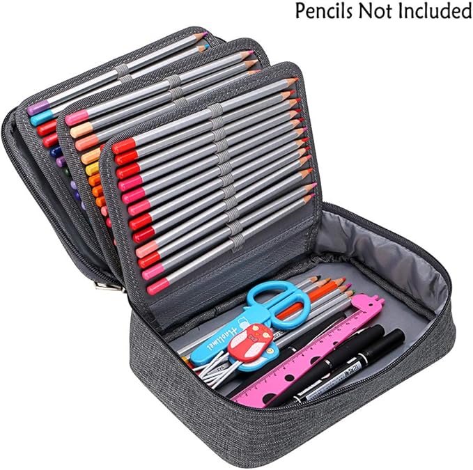 BTSKY® High Capacity Zipper Pens Pencil Case- Multi-Functional Stationery Pencil Pouch 72 Slots Colored Pencil Case Portable Pencil Bags With 2 Removable Sleeves Grey