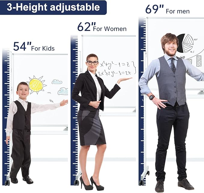 Large Dry-Erase Rolling Magnetic Whiteboard - 48 x 32 Inches White Board Height Adjust Double Sides Mobile Portable Easel on Wheels, Dry Erase Board with Stand for Office, Home & Classroom