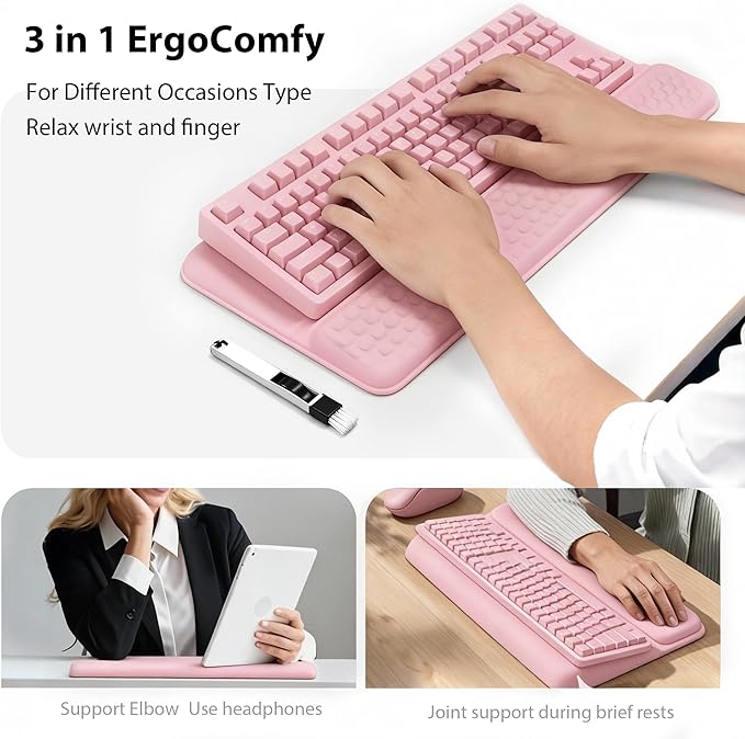 Wrist Rest for Keyboard, Ergonomic Keyboard Stand with Wrist Rest, Soft Memory Foam Wrist pad with Non-Slip Base & Dust Brush, Comfort for Office, Work, Gaming- Pink