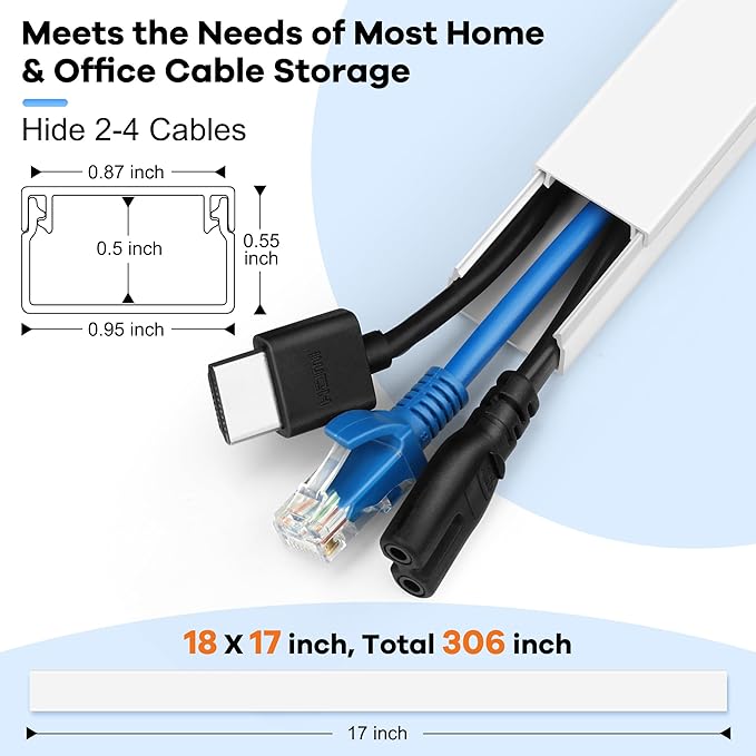 306in Cord Hider Kit, Cord Covers for Wires on Wall, Paintable Wire Cover for Cords, Cable Hider for Wall Mounted TV, White Cord Concealer, Cable Raceway Wire Management, 18x L17in x W0.95in x H0.55in