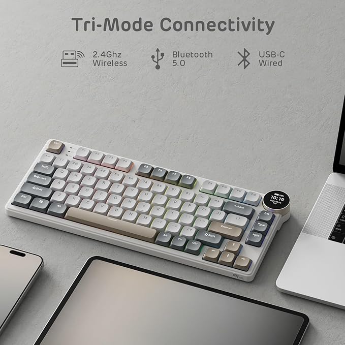 RK ROYAL KLUDGE N80 Low Profile Mechanical Keyboard w/Smart Display Screen & Knob, 75% Top Mount 3-Modes Wireless Mechanical Keyboard, Software Support, Massive Battery, 80 Keys, Tactile Brown Switch