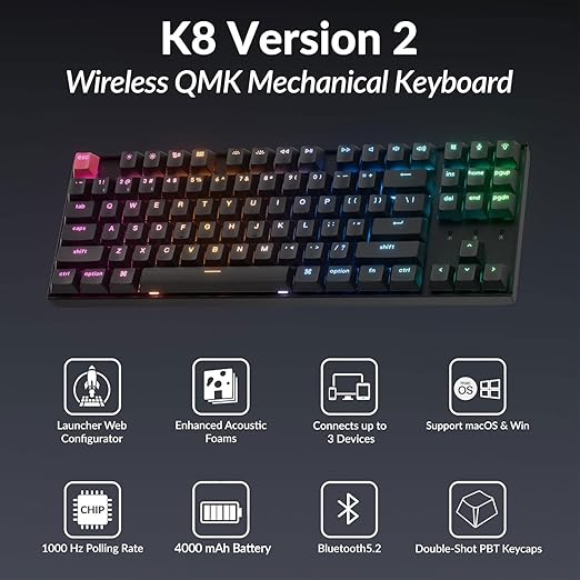 Keychron K8 Version 2 TKL Custom Wireless Mechanical Keyboard, QMK Programmable Bluetooth 5.2/Wired, RGB Backlit with Shine-Through PBT Keycaps, Super Brown Switch for Mac Windows Linux