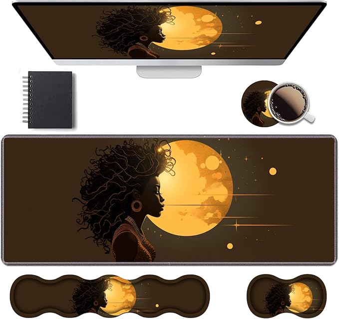 Ergonomic Keyboard Wrist Rest & Mouse Pad Wrist Rest Set, Large XXL Gaming Desk Mat 31.5"x 11.8" with Memory Foam, Easy Typing Pain Relief for Office & Home, African Girl