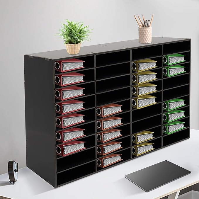 36 Slots Literature Organizer, Desktop Paper & Mail File Sorter for Classroom/Office/Home, PVC File Storage Cabinet with Adjustable Compartments, Multi-Purpose Mail Center (Black-36 Compartments)