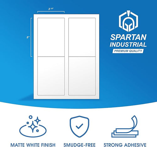 3 1/2" X 5" Matte White Printable Labels for Inkjet and Laser Printers - 100 Sheets, 400 Custom Stickers for Shipping Labels, Address Stickers, Organization - Spartan Industrial Template R016