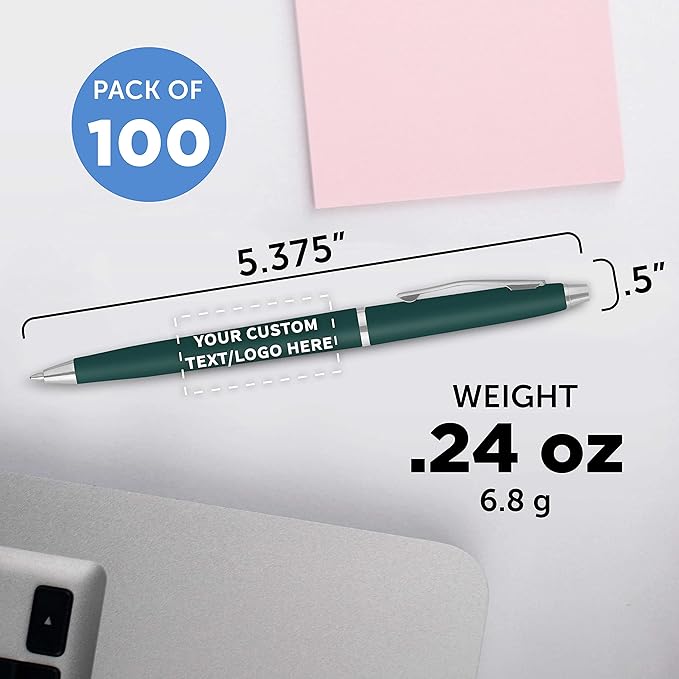 DISCOUNT PROMOS Custom Langham Ballpoint Pens Set of 100, Personalized Bulk Pack - Black Ink, Great for Office, School, Business, Tradeshows - Hunter Green