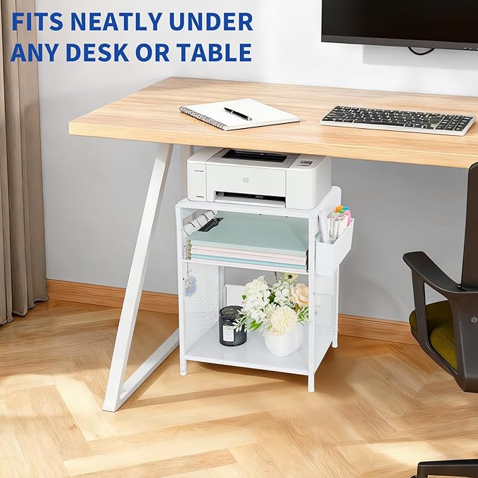 Small Under Desk Storage, White Printer Stand with Storage Shelf, 3-Tier Height Adjustable Printer Table with Basket & 3 Hooks for Home Office Fax Machine Scanner Files