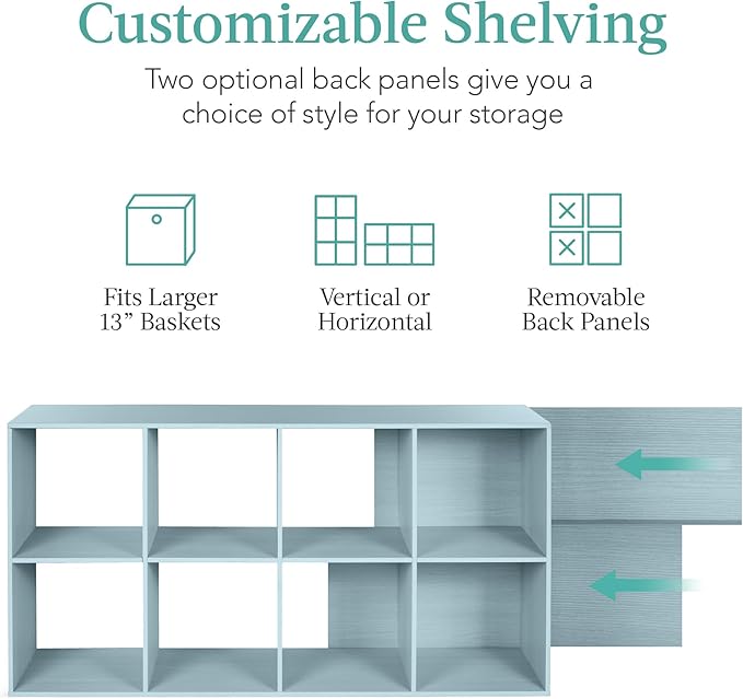 Best Choice Products Kids Bookcase 8-Cube Storage Organizer, 13.5in Shelf Opening, Bookshelf, Toy Storage, Customizable w/ 3 Removable Back Panels – Light Blue
