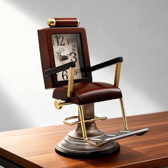 YOUKI Bronze Barber Chair Desk Clock,Hairdresser Hairstylist Gift Ideas,Unique Table Clock Battery Powered,Home Decor Ideal for Office Hotel Cafe Bedroom