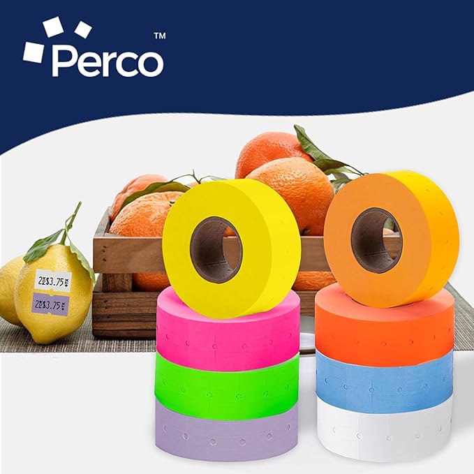 Perco 1 Line Multicolored Sleeves—32 Rolls, 4 Sleeves, 32,000 Labels for Perco Lite, X, Plus & Pro Guns—Includes White, Yellow, Blue, Lavender & Fluorescent Colors (Red Green Pink Orange)—Made in USA