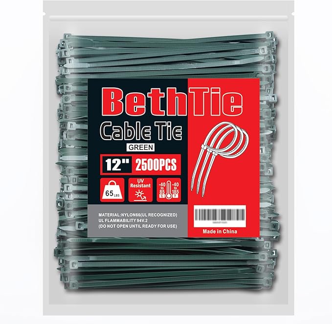 12 Inch Garden Green Zip Ties (2500 Pack), 65 LBS Tensile Strength, Self-Locking Nylon PA66 UV Resistant Cable Ties for Indoor and Outdoor Use