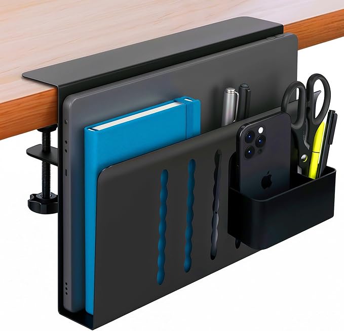 Desk Side Storage, Steel Side Desk Organizer, Clamp on Laptop Mount with Magnetic Pen Holder, No Drill Under Desk Laptop Holder, Table Hanging Storage for Home & Office Organization – Black