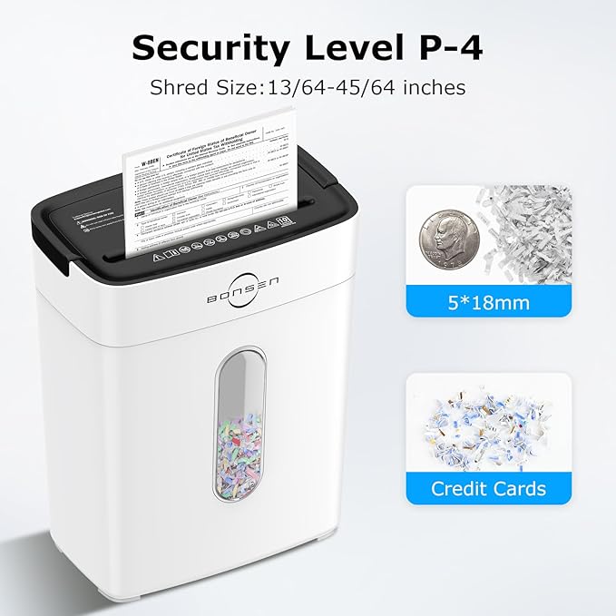Bonsen 10-Sheet Cross Cut Paper Shredder for Home Office, P-4, Portable Handle, 4 Gallons Bin, Paper and Credit Card Shredder, White (S3201-W New Version)