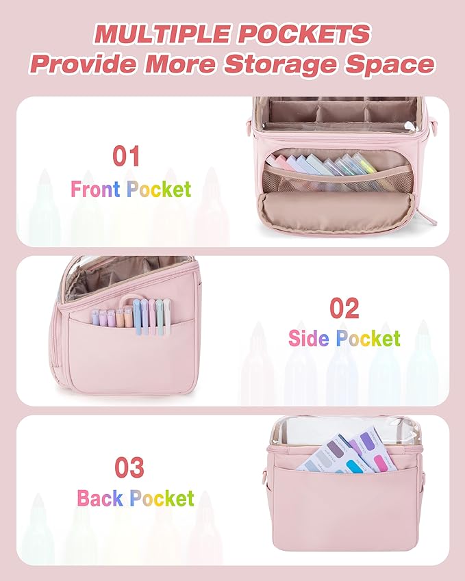 Quilted Marker Organizer Case Holds 180 Markers, Marker Storage Organizer Bag with Dividers and Multiple Pockets (Bag Only), Pink