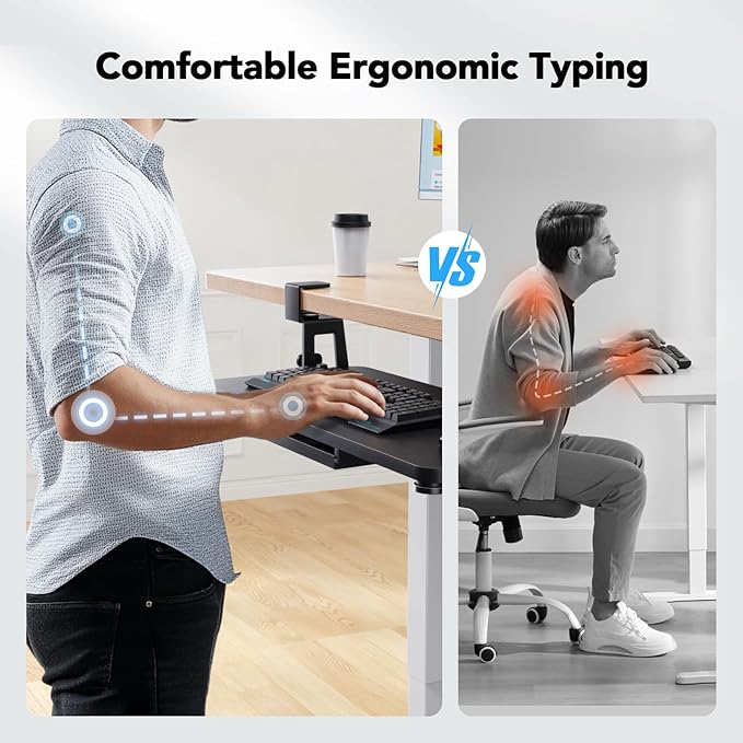 HUANUO Large Under Desk Keyboard Tray with Sturdy C-Clamp Mount, 26 (30.16" Including Clamps) x 12 inch Slide-Out Platform Computer Desk Heavy Duty Keyboard Tray with Storage Drawer for Typing, Black