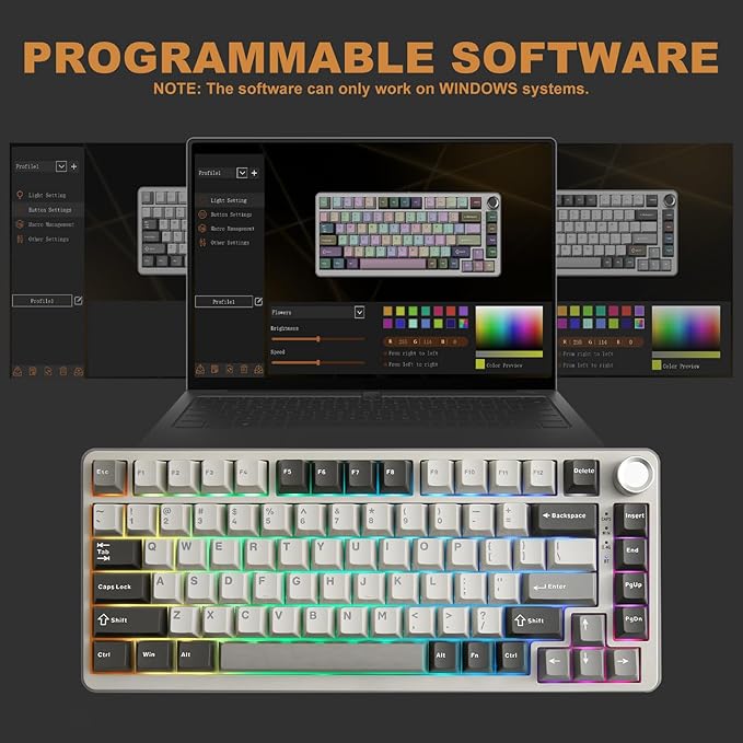 YUNZII B75 PRO Wireless Mechanical Keyboard,75% Layout with Knob,Hot Swap Gasket Custom Structure,Creamy Pre-lubed Switches,RGB Backlit,Bluetooth/Type-C/2.4G for Win/Mac(Milk Switch,Grey)