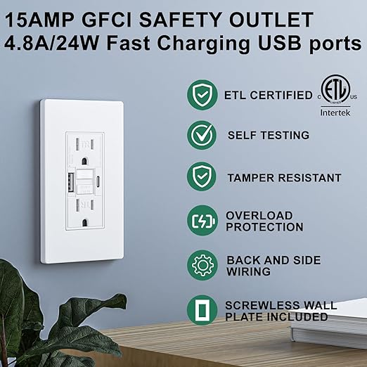 15AMP GFCI Outlet with 4.8A/24W Type A & Type C USB Charging Ports, Self-Test, LED Indicator, Tamper Resistant, GFCI Receptacle Outlet, Screwless Wall Plate Include, ETL Listed, White