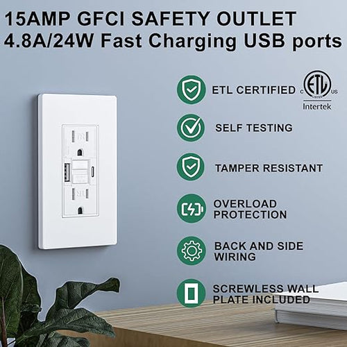 2PACK - 15AMP GFCI Outlet with USB-A & USB- C Ports, Self-Test GFCI Electrical Outlet Combination with USB, LED Indicator, Tamper Resistant, Screwless Wall Plate Include, ETL Listed, White