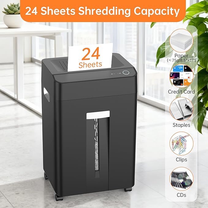 24-Sheet Cross Cut P-4 Security Paper Shredder with 8.9 Gal Pull-Out Bin, Credit Card/Staple/Clip/CDs Commercial Heavy Duty Shredder for Office