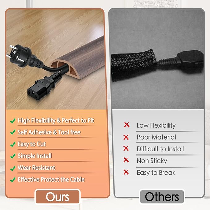 Floor Cord Cover for Wires on Floor Self Adhesive Cord Hider Floor Cable Management Wire Covers for Cords Protector Prevent Cable Trips Cord Cavity W 0.59" x H 0.31", Grayish Brown Wood, 20Ft
