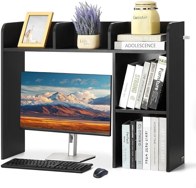 VEVOR Wood Desk Shelf, Desktop Bookshelf, Desk Storage Hutch with 6 Shelves, Office Countertop Organizer 3-Tier Display Rack, with Anti-Slip Feet Pads, for Office, Home & Dorm, Black