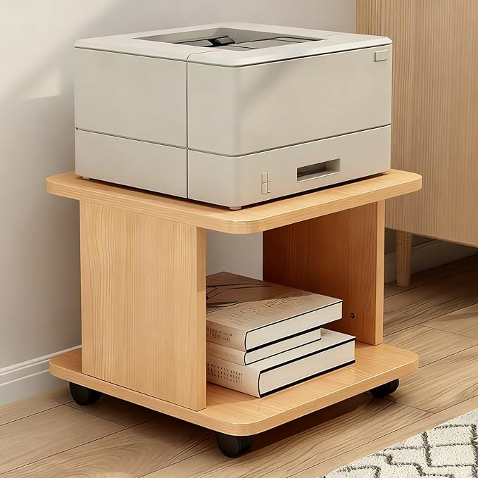 Under Desk Drawer Wooden 2 Tier Printer Shelf with Storage，Mobile Cart Wooden File Cabinets with Open Storage Shelf(Applewood,15.7x15.7x11.0in)