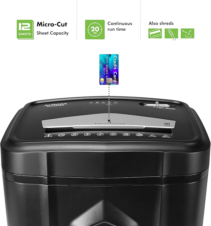 Aurora AU1235MA Professional Grade 12-Sheet High Security Micro-Cut Paper and Credit Card Shredder/ 20 Minutes Run/Security Level P-5