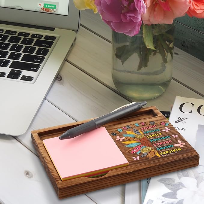 God Says You are Gifts Sticky Note Holder, Christian Inspirational Desk Gift with Bible Verses, Religious Wooden Office Decor for Women, Teens, Coworkers, Faith Based Note Pad Holder ZSS84