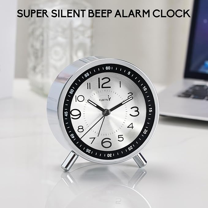 Super Silent Metal Alarm Clock,Beep Wake Round Alarm Clock with Strip Night Light,Battery Operated,Easy Set,Simple & Retro for Desk, Bedroom and Home Decoration(Metallic Silver)