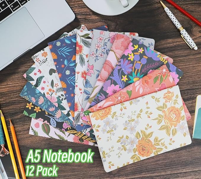 Wotion Pack of Journals for Writing A5 Notebook Bulk Set,Sketch Book- 12 Pack with 60 Blank Pages, 30 Sheets, and Embossed Cover in Gold Foil Floral Bliss Pattern (5.75 x 8.35 Inches)